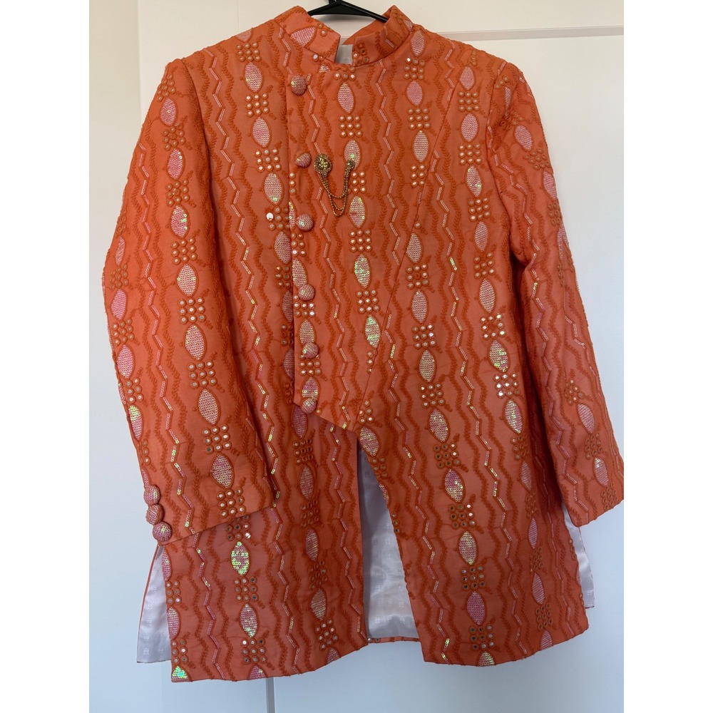 Orange Indo-Western Sherwani Jacket Sequin Mirror Work Ethnic Mens Wedding Coat